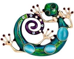 Kameleon hagedis sieraden broche van groen staal en blauwe stenen.