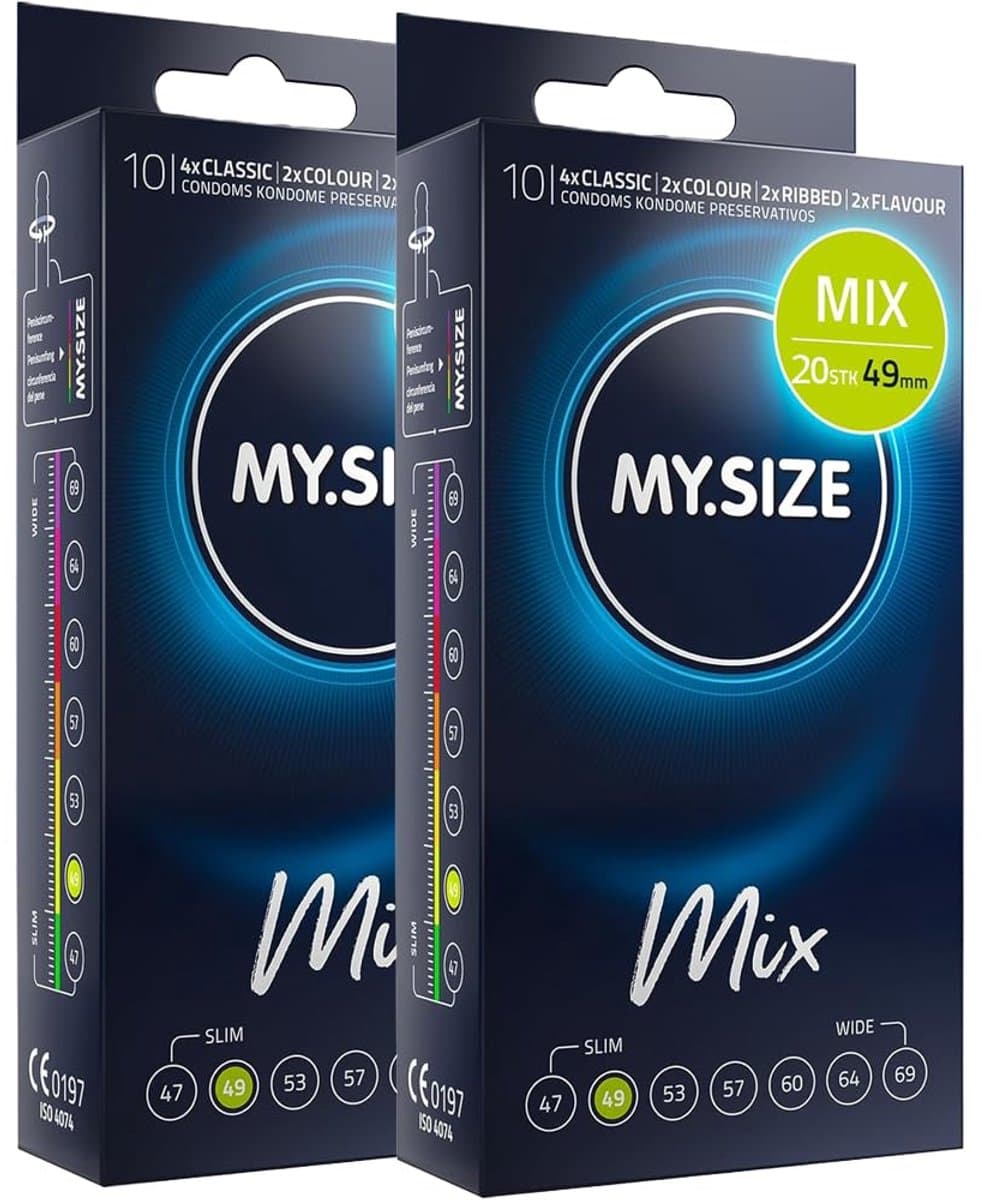 MY.SIZE Mix condooms 49mm 20 stuks – Nauwe pasvorm | Soorten: blauw, Rood met aardbeienaroma, Geribbeld, Naturel | Premium kwaliteitscondooms | Duits merk | 0,07mm wanddikte — afbeelding 1