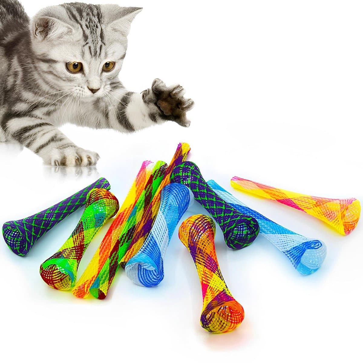 10 stuks kattenspeelgoed met veer - Kleurrijke spiraal - Van gekleurd plastic - Kattenspeelgoed - Bijten en kittens jacht - Willekeurige kleur — afbeelding 1