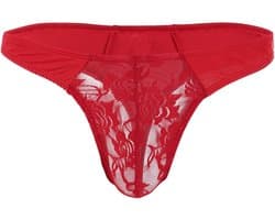 Heren Thong Sissy Lingerie - Elastische Sexy Lace Underwear Jockstrap Bikini G-String Panty Rode Transparante Gay Briefs voor Avondje Uit of Lingerie Nacht