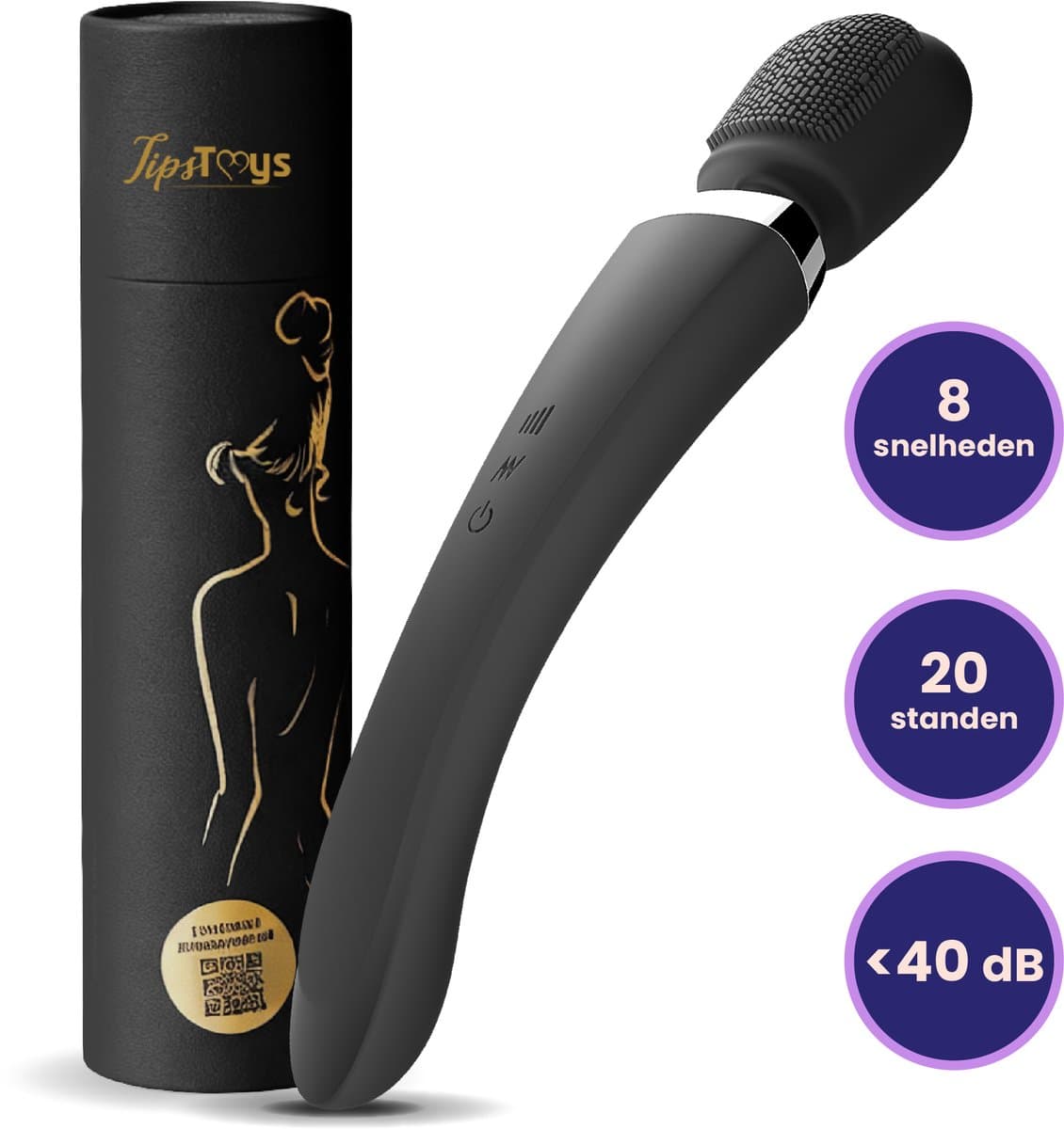 TipsToys® Magic Wand Vibrator - Vibrators voor Vrouwen - Bodywand Intieme Massage - 20 Standen & 8 Snelheden - Sex Toys Koppels - Clitoris Stimulator - Waterproof & USB Oplaadbaar - Stille Sexspeeltjes - Zwart — afbeelding 1