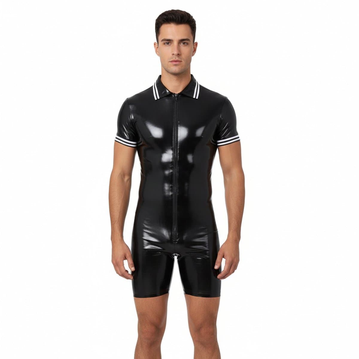 Latex Jumpsuit - Heren - Latex Wetlook - Zwart - Rits - Korte Mouwen En Broek — afbeelding 1