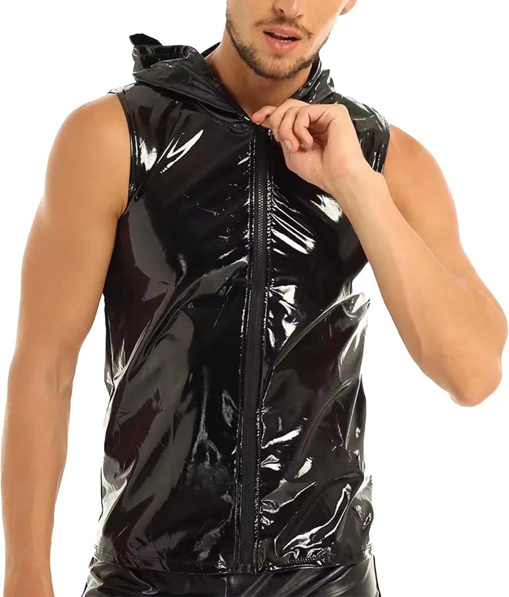 Glanzend Wet Look T-shirt Heren Korte Mouw Kunstleer Sexy Party Outfit — afbeelding 1