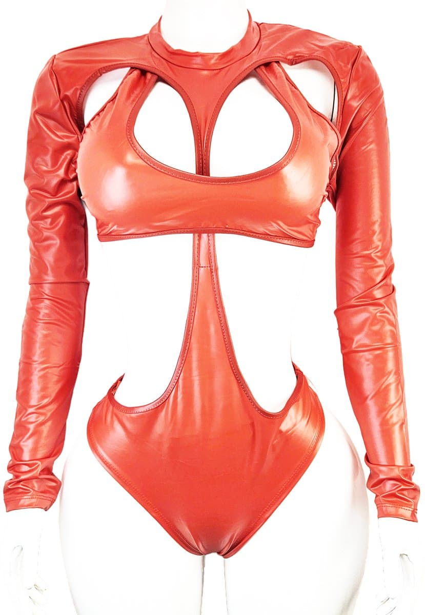 Jumpsuit - Maat L/XL - Sexy bodysuit catsuit pak met openingen Wetlook Rood — afbeelding 1