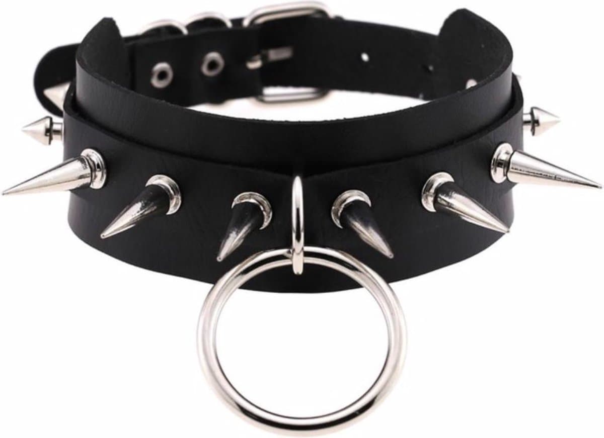 Punk Choker - Gothic Choker - Spike Choker / Ketting - Rocker Choker - Choker met Ring en Studs - Halsband voor Onderdanige Bevestiging - Lederen Halsband met O-Ring en Studs - PU Leder - Zwart — afbeelding 1