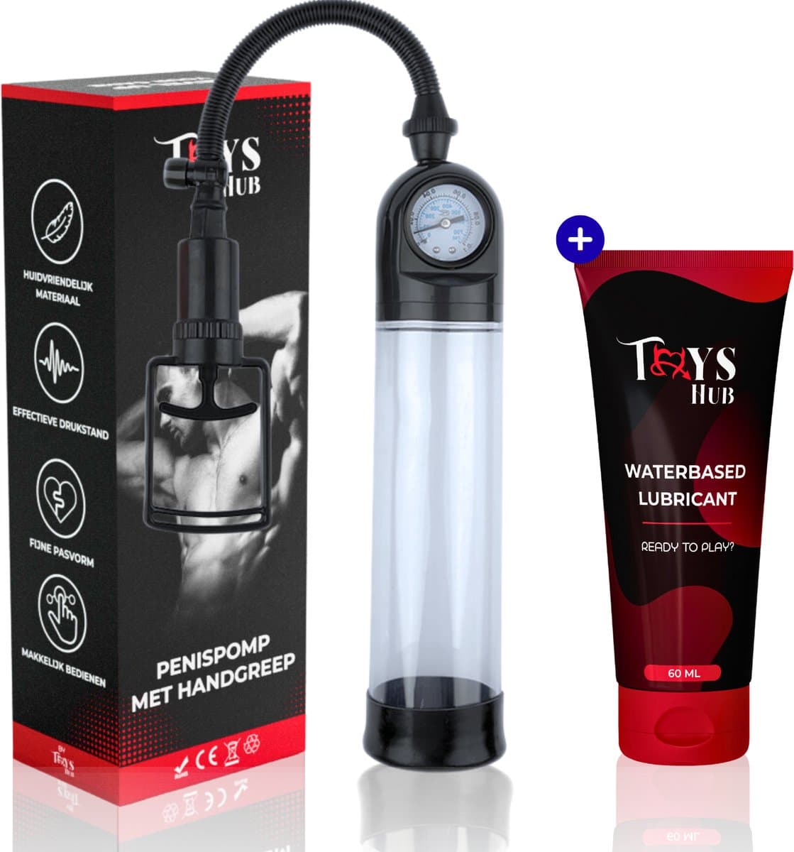 Toys Hub® Penispomp met Glijmiddel, Handgreep & 2 Penisringen - Gratis Ebook - Trekmechanisme – Penis Vergroter – Barometer Display - Sex Toys voor Mannen – 20CM — afbeelding 1