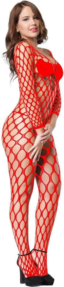 Nina’s Giftshop® Sexy Lingerie Catsuit met Open Kruis – Rode Visnet Bodystocking – Erotische Body – Sexy Catsuit – One Size – Rood – Valentijn Cadeau — afbeelding 1