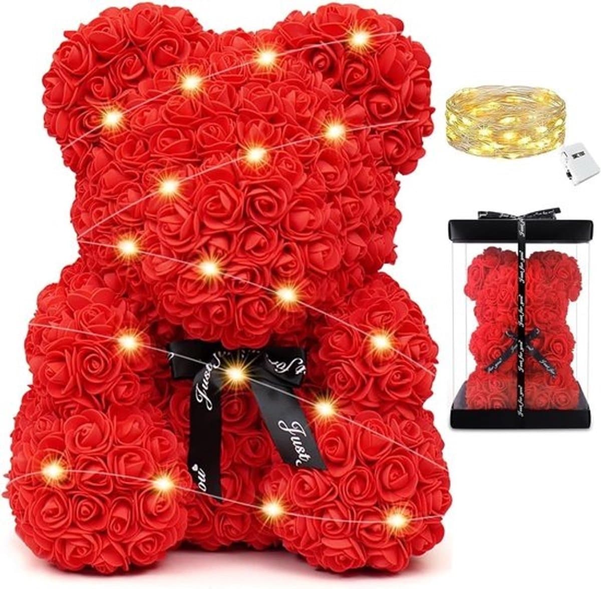 Rozenbeer - Kunstbloemen beer - Romantisch cadeau - Met ledverlichting - 25 cm - Rood — afbeelding 1