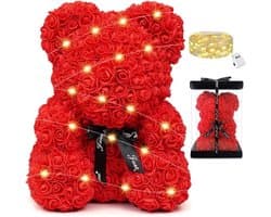 Rozenbeer - Kunstbloemen beer - Romantisch cadeau - Met ledverlichting - 25 cm - Rood