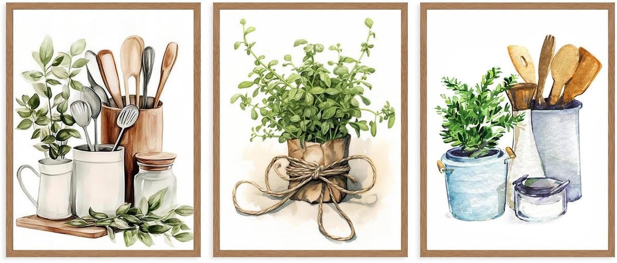 3-delig Aquarel Rustieke Keuken Wandkunst, Kruiden & Keukengerei Potten, Touw, Houten Spatel & Potten voor Restaurant Eetkamer Decor 30x40 cm Niet Ingelijst — afbeelding 1