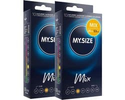 MY.SIZE Mix condooms 53mm 20 stuks-reguliere pasvorm | Soorten: blauw, Rood met aardbeienaroma, Geribbeld, Naturel | Premium kwaliteitscondooms | Duits merk | 0,07mm wanddikte