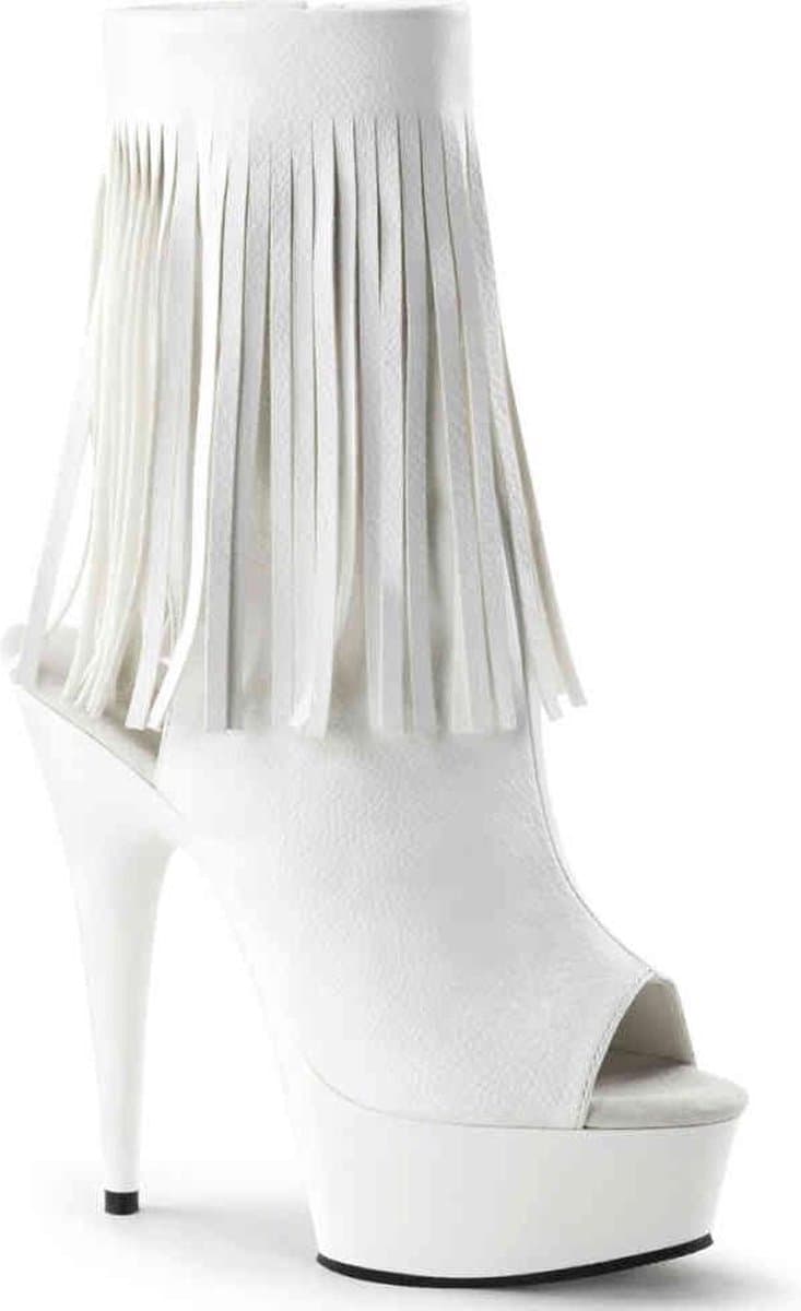 EU 35 = US 5 | DELIGHT-1019 | 6 Heel, 1 3/4 PF Open Toe/Heel Fringe Bootie, Side Zip — afbeelding 1