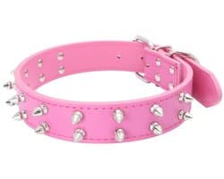 MTTProducts - Hondenhalsband - Dubbele Rij Studs - Hoogwaardige PU - Rood Roos - Rivet Collar - Geschikt voor Middelgrote en Grote Honden - D-ring Beve...