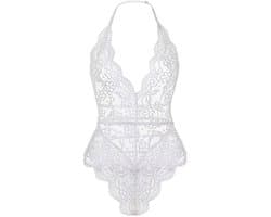 Bodysuit kant - Doorschijnend - Mesh - Sexy kanten lingerie - Erotiek - Dames - Lace - Transparante lingerie - Mesh bodysuit - Wit - One piece - Verleidelijke outfit - Jonyx