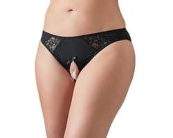 Cottelli Plus Size – Erotische Slip met Open Kruis en Kanten Inzetstukken – Maat XL – Zwart