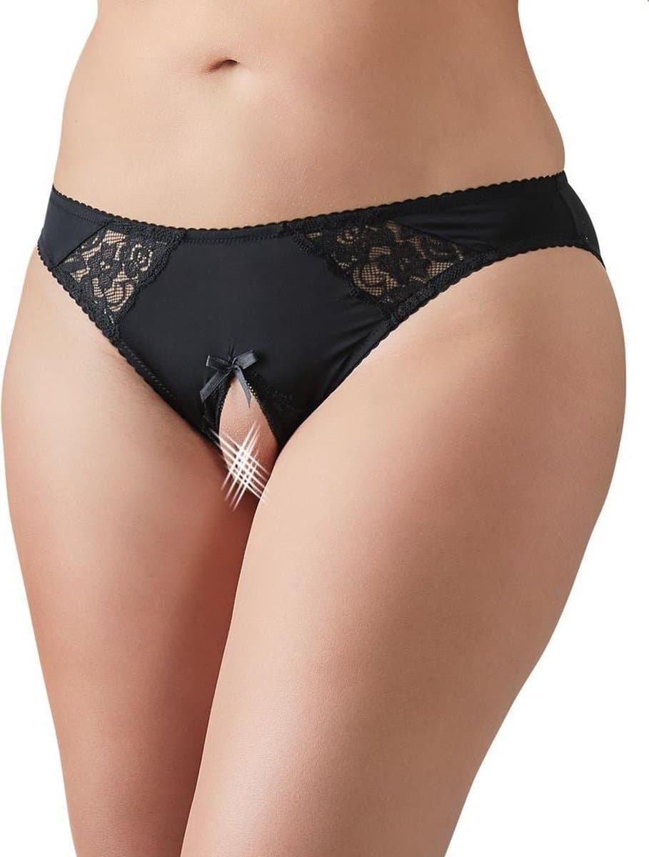 Cottelli Plus Size – Erotische Slip met Open Kruis en Kanten Inzetstukken – Maat XL – Zwart — afbeelding 1