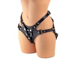 Quick Relief Strap On Harnas - Verstelbaar Strapon Harnas met O-ring - Zwart Leer - Voor Dildo's met Brede Voet - Unisex