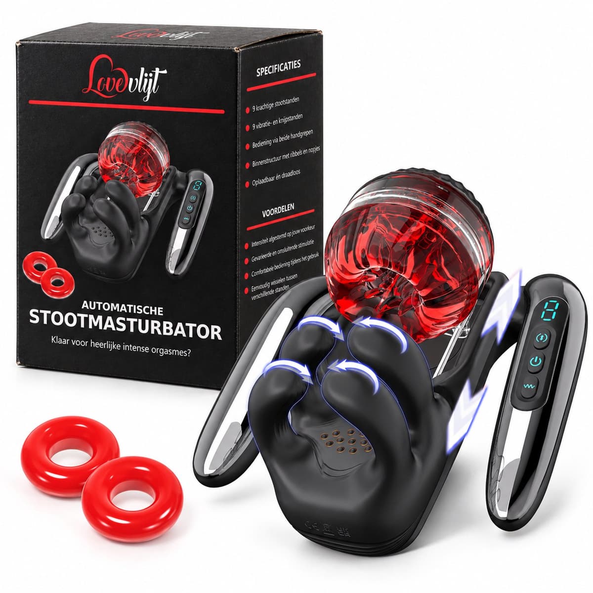 LoveVlijt - Automatische Masturbator voor Mannen - Knijpende en Vibrerende Balzakstimulator - Intense Orgasmes - 9 Stootstanden - 9 Vibratiestanden - 9 Knijpstanden - Bediening via Handgrepen - Draadloos en Oplaadbaar - Inclusief 2 Cockringen - Zwart — afbeelding 1