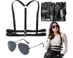 Lara Croft kostuum, cosplay - Driedelige set van kunstleer met harnas, damesbovenlichaam, handschoenen en pilotenbril - ShopVlot