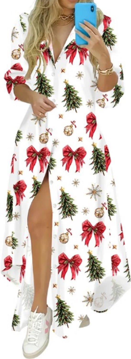 Dames Kerstjurk met Lange Mouwen – Kerstkleding Dames, Feestjurk met Kerstprint, Casual Jurk voor de Feestdagen - Maat S — afbeelding 1