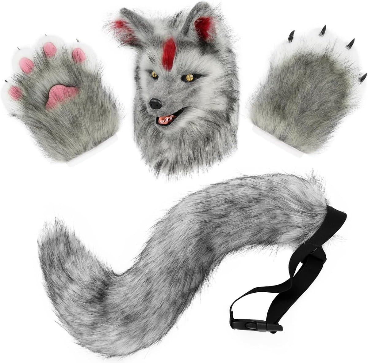 Hond Hoofd Masker Nieuwigheid Pluche Staart Klauw Poot Wanten Handschoenen Set Halloween Party Maskerade Kostuum Cosplay — afbeelding 1