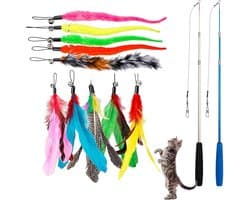 Kattenspeelgoed met Veren, Interactieve Kattenhengel Speelgoed Kattenstaaf Verwisselbaar, Vishengel Speelgoed, 2 Intrekbare Stokjes en 10 Vervangende Veren Bel, Kattenhuisdieren Speeltje