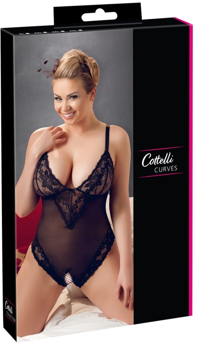 Cottelli Plus Size – Sexy Body met Open Kruis en Kanten Motieven Langs Randen voor Speciale Dates – Maat 4XL – Zwart — afbeelding 1