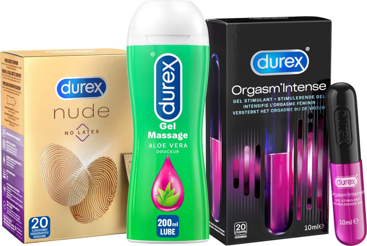 Durex - 20 stuks Condooms - Nude No Latex - 210ml Glijmiddel - Massage 2/1 Aloe 200ml - Intense Orgasm 10ml - Voordeelverpakking — afbeelding 1