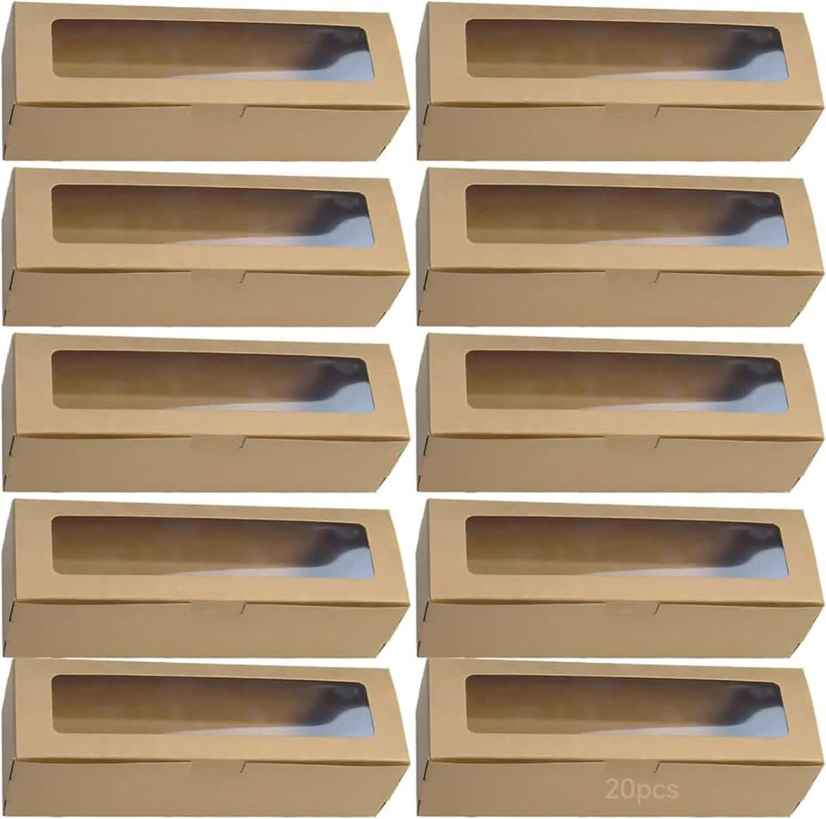 Kraft-papieren macarondoos met doorzichtig venster, kleine macaron-geschenkdoos, 18,5 x 5,5 x 5 cm, bruine kraft macaron-geschenkdozen voor dessert, koekje, 20 stuks macaron-geschenkdozen — afbeelding 1