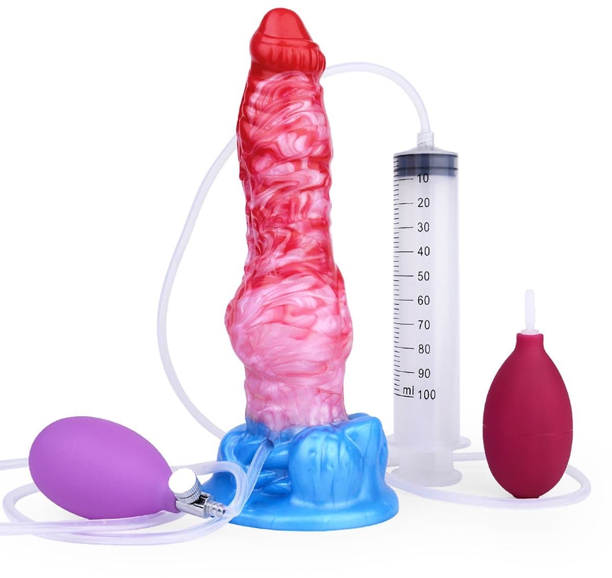 Kiotos Monstar - Big Squirt Cock - Opblaasbare Spuitende Dildo - Rood/Roze/Blauw — afbeelding 1