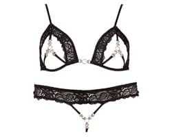 Abierta Fina – Sexy Extravagante Verleidings Lingerie Set met Strass Elementen voor Openheid met Klasse – Maat L – Zwart