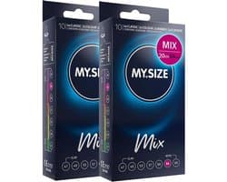 MY.SIZE Mix condooms 64mm 20 stuks – XXXL pasvorm | Soorten: blauw, Rood met aardbeienaroma, Geribbeld, Naturel | Premium kwaliteitscondooms | Duits merk | 0,07mm wanddikte | van natuurrubberlatex