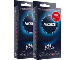 MY.SIZE Mix condooms 60mm 20 stuks – XXL pasvorm | Soorten: blauw, Rood met aardbeienaroma, Geribbeld, Naturel | Premium kwaliteitscondooms | Duits merk | 0,07mm wanddikte | van natuurrubberlatex