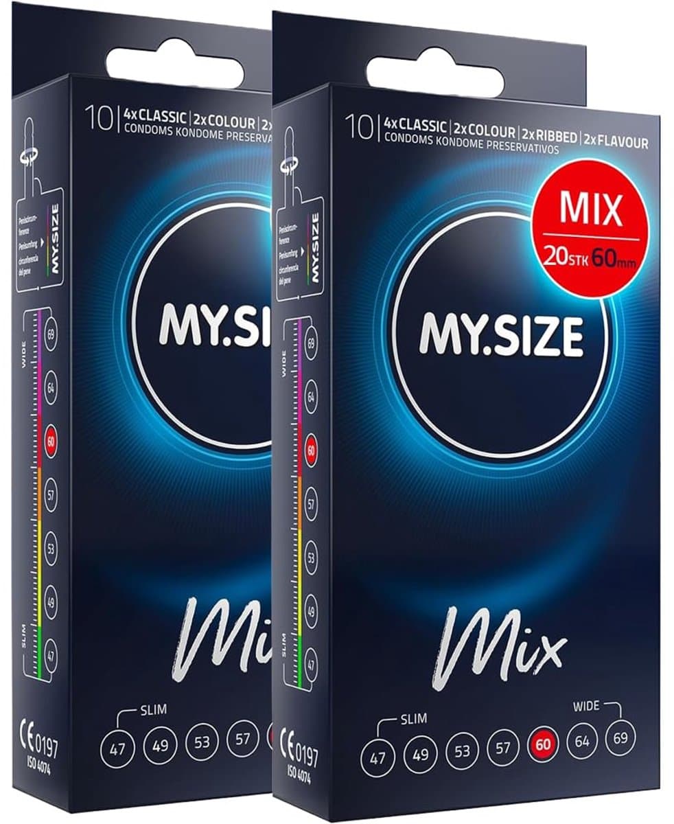 MY.SIZE Mix condooms 60mm 20 stuks – XXL pasvorm | Soorten: blauw, Rood met aardbeienaroma, Geribbeld, Naturel | Premium kwaliteitscondooms | Duits merk | 0,07mm wanddikte | van natuurrubberlatex — afbeelding 1