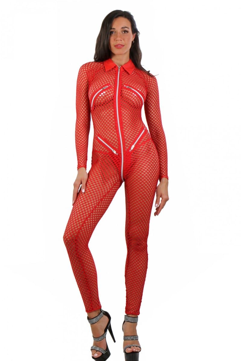 Fishnet catsuit rood met ritsen L/XL — afbeelding 1
