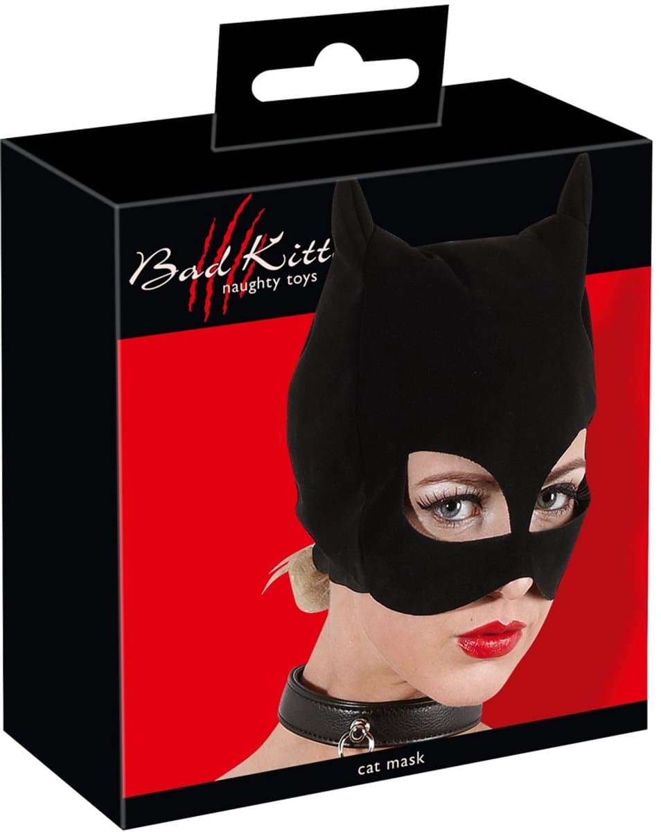 Bad Kitty – Fluwelen Wilde Kat Hoofd Masker met Puntige Oren en Open Mond – Zwart — afbeelding 1
