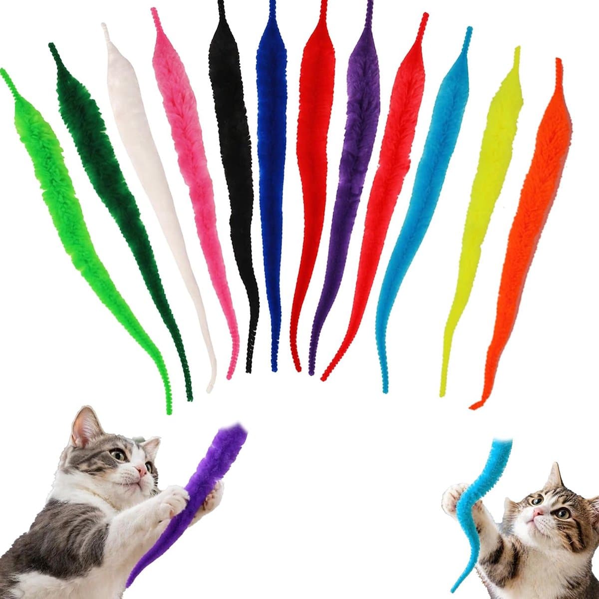 Set van 12 vervangende vullingen voor kattentoverstaf, verschillende kleuren harige rupswormspeelgoed, interactieve huisdierspeelaccessoires voor kittens en volwassen katten — afbeelding 1