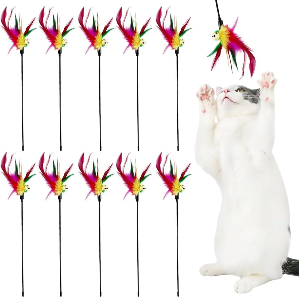 10 stuks kattenhengel, kattenspeelgoed, speelgoed voor katten, kattenhengel, speelgoed, kleurrijke kattenspeelgoed, veren, speelgoed voor katten met bel, voor katten — afbeelding 1
