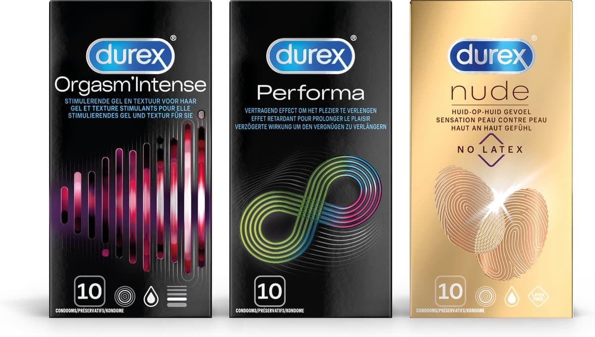 Durex - 30 stuks Condooms - Orgasm Intense 1x10 stuks - Performa 1x10 stuks - Nude No Latex 1x10 stuks - Voordeelverpakking — afbeelding 1