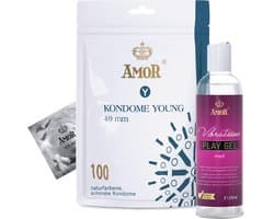 AMOR Premium condoom- en glijmiddelset - 100 condooms Ø 49 mm + Vibratissimo Play Gel med 250 ml