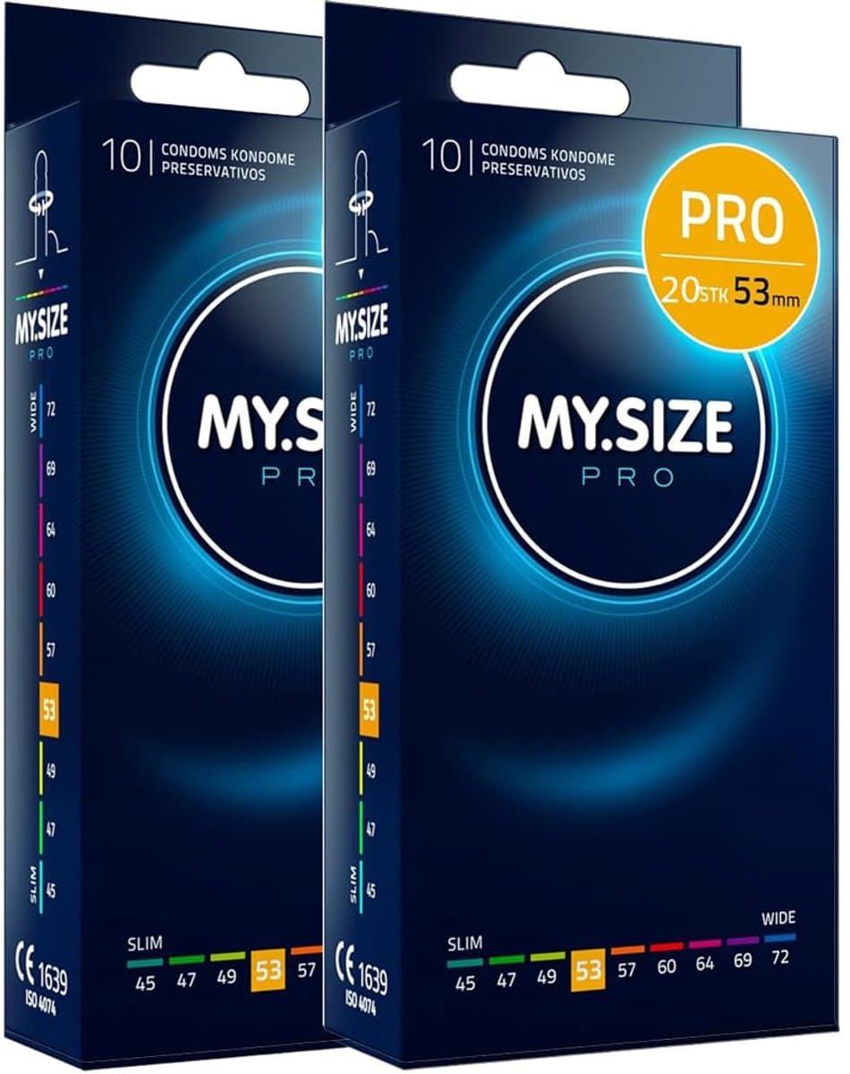 MY.SIZE PRO 20 stuks 53mm Elite condooms, normale pasvorm, zeer zuiver Vytex-latex voor weinig geur, super gemakkelijk te openen en af te rollen — afbeelding 1