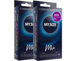 MY.SIZE Mix condooms 69mm 20 stuks – XXXXL pasvorm | Soorten: blauw, Rood met aardbeienaroma, Geribbeld, Naturel | Premium kwaliteitscondooms | Duits merk | 0,07mm wanddikte