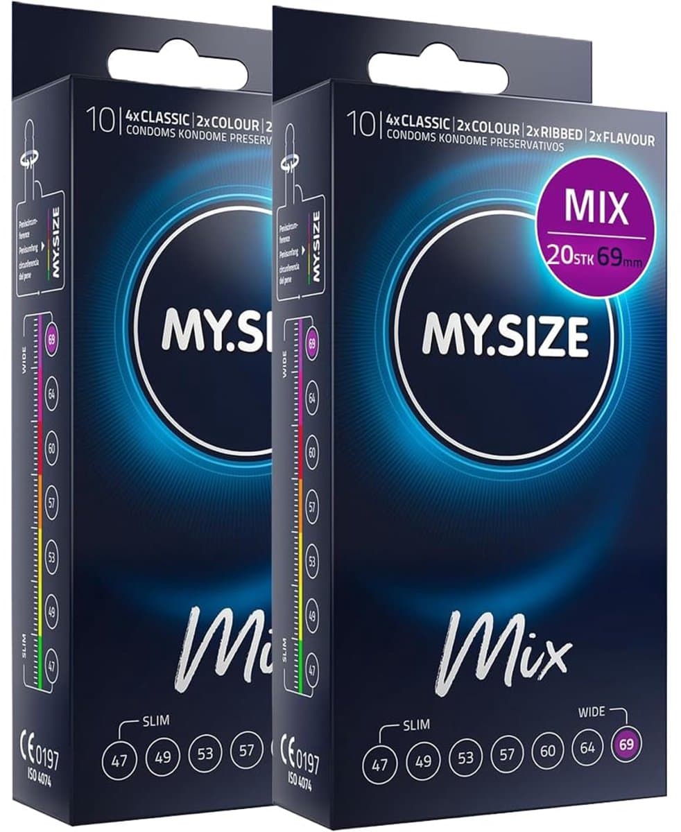MY.SIZE Mix condooms 69mm 20 stuks – XXXXL pasvorm | Soorten: blauw, Rood met aardbeienaroma, Geribbeld, Naturel | Premium kwaliteitscondooms | Duits merk | 0,07mm wanddikte — afbeelding 1
