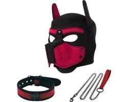 Honden Masker Set - Zwart & Rood - Masker, Halsband en Riem - Puppy Play - BDSM Roleplay & Cosplay - Unisex - Sex Speeltjes Toys - Erotiek - Bondage Masker - OneSize