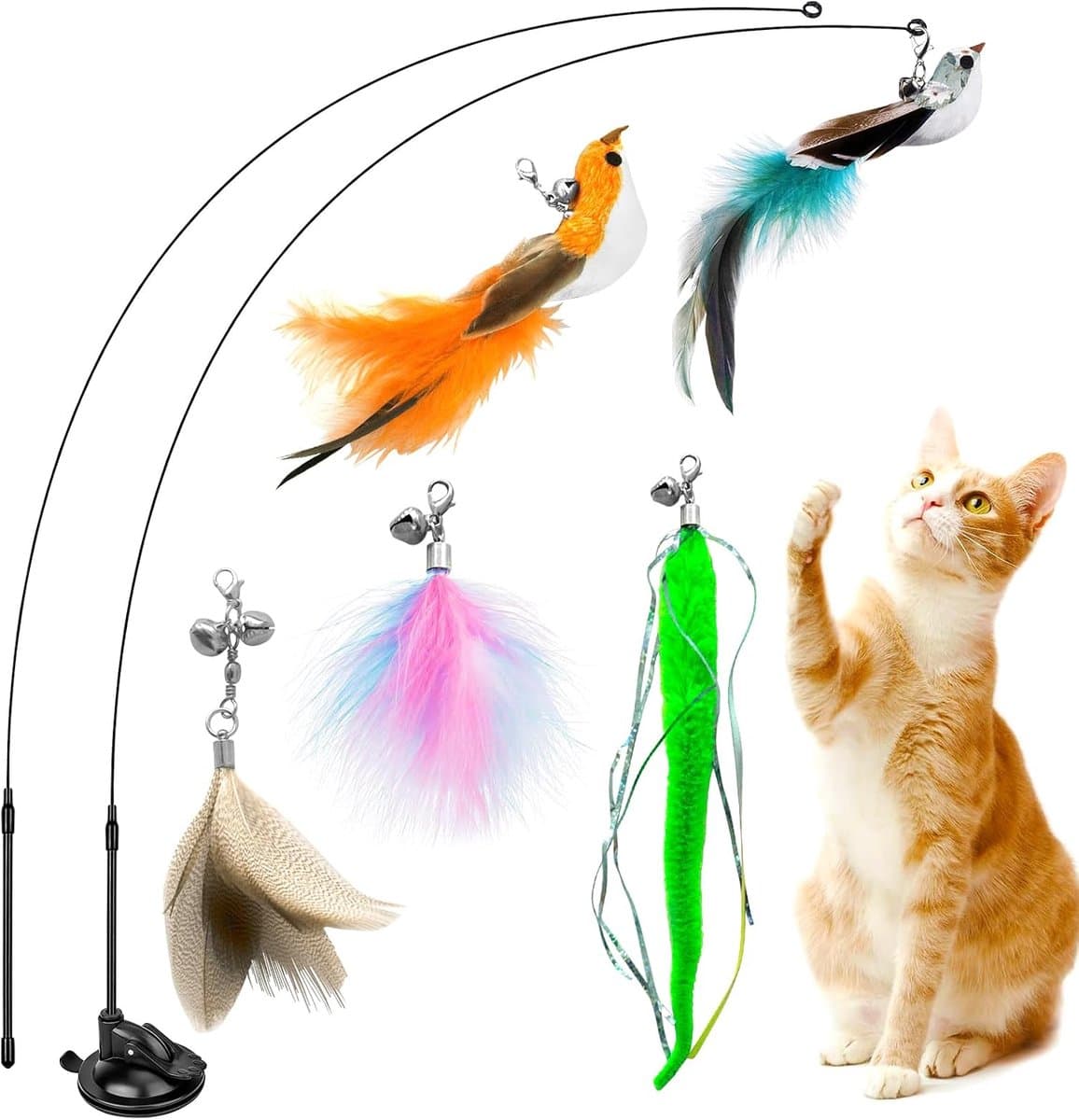 8 Pcs Speelgoedset voor Katten, Interactief Speelgoed voor Katten, Binnenspeelgoed voor Katten, 3 Verenspeeltjes, 2 Realistische Vogels, met Sterke Zuignappen en Kattenhengel met Veren — afbeelding 1