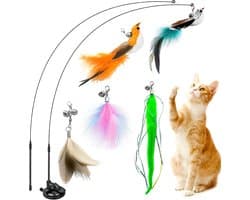 8 Pcs Speelgoedset voor Katten, Interactief Speelgoed voor Katten, Binnenspeelgoed voor Katten, 3 Verenspeeltjes, 2 Realistische Vogels, met Sterke Zuignappen en Kattenhengel met Veren
