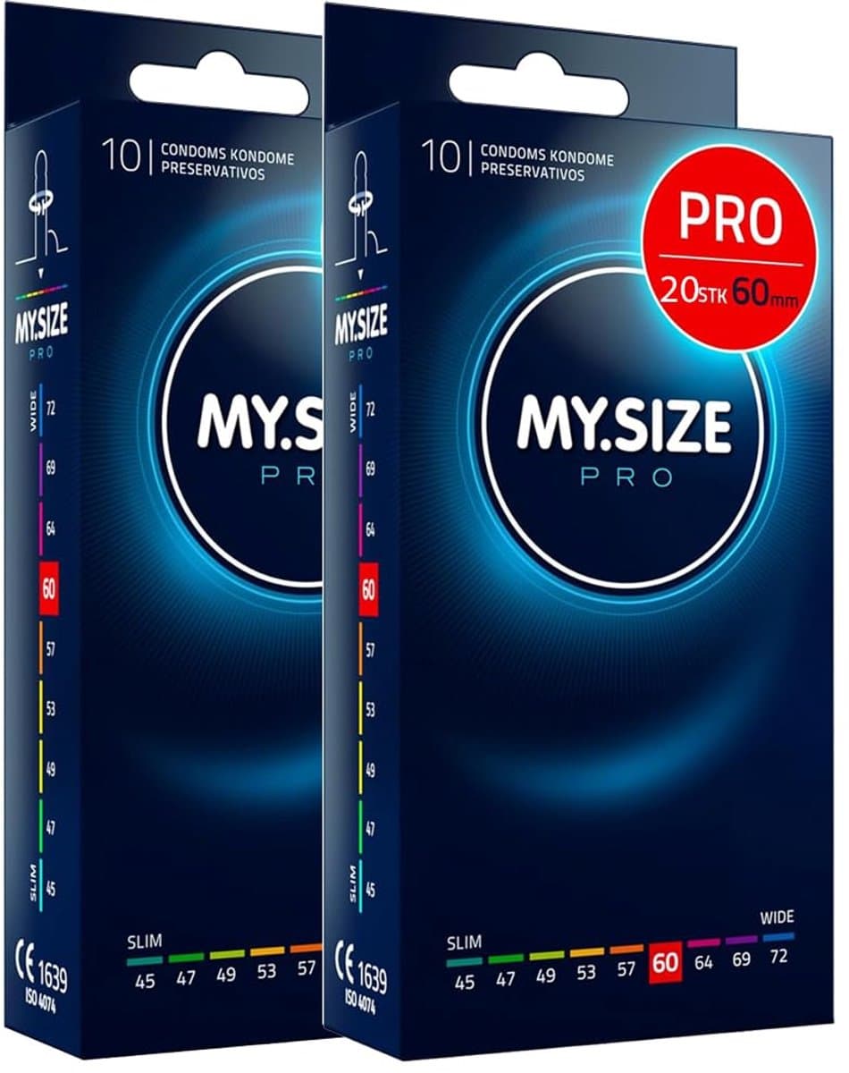 MY.SIZE PRO 20 stuks 60mm Elite condooms, XXL pasvorm, zeer zuiver Vytex-latex voor weinig geur, super gemakkelijk te openen en af te rollen — afbeelding 1