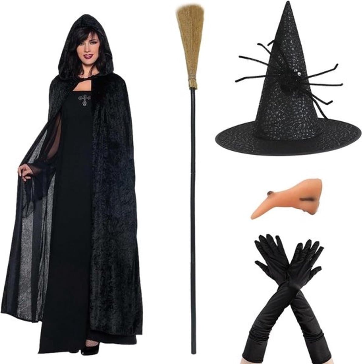 Sexy Heks Kostuum voor Vrouwen | Zwarte Mantel met Hoed, Handschoenen en Bezem | Perfect voor Halloween Cosplay en Feesten — afbeelding 1