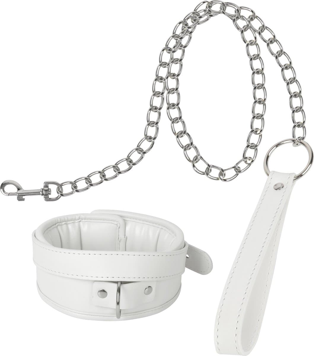 Banoch - Collar & leash White - Halsband en Riem - wit imitatieleer - bondage — afbeelding 1