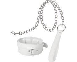 Banoch - Collar & leash White - Halsband en Riem - wit imitatieleer - bondage